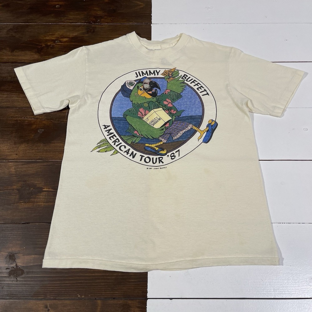 Vintage 80s Jimmyโ Buffet American Tour T-Shirt Parrot Hanes RARE Single Stitch